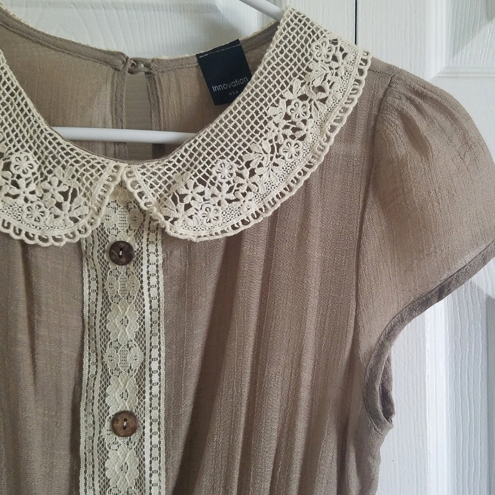INNOVATION Taupe Gauze Crochet Collar Dress Small - Picture 4 of 11